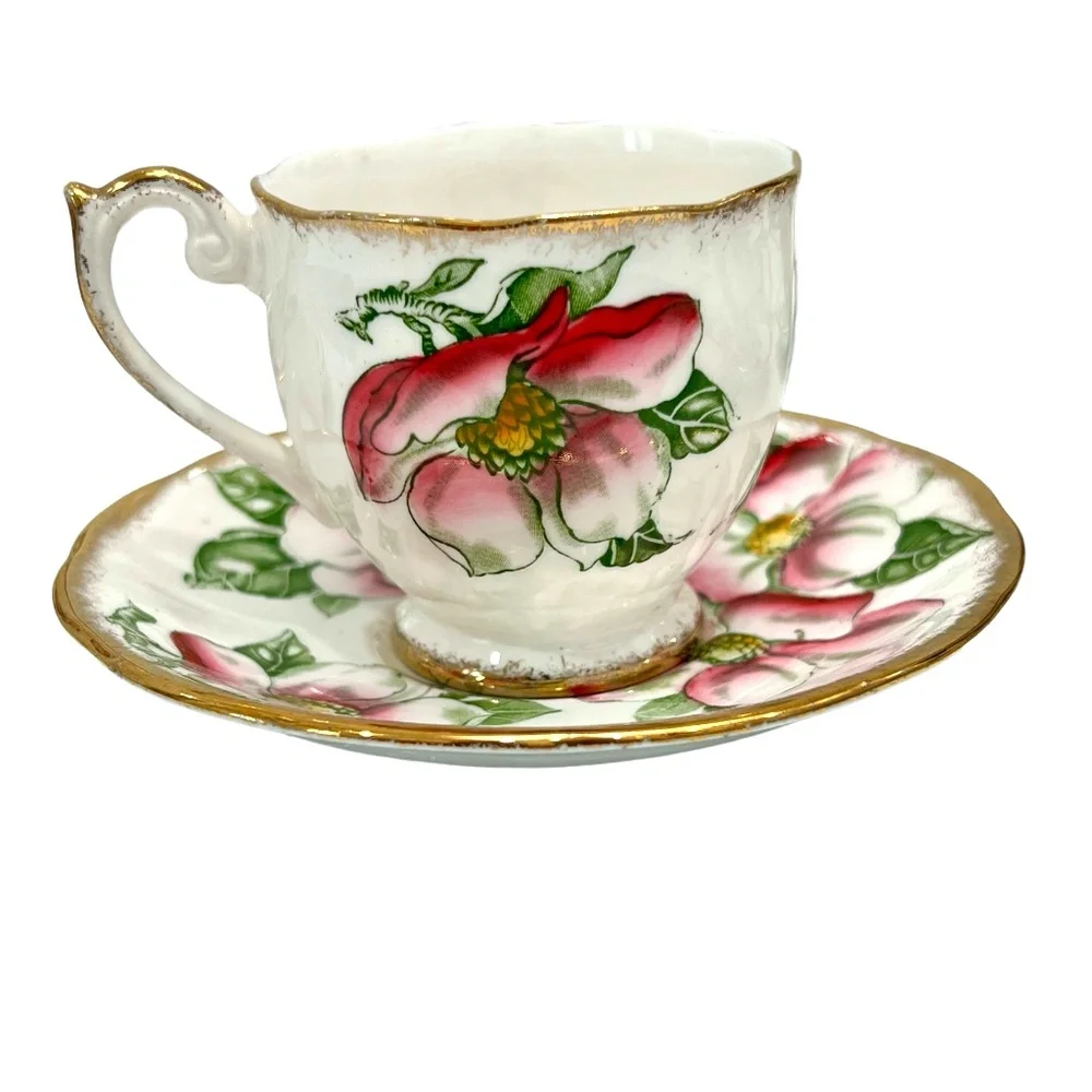 QUEEN ANNE MAGNOLIA BONE CHINA SET OF 5 CUPS & SAUCERS & 1 CREAMER WITH SAUCER